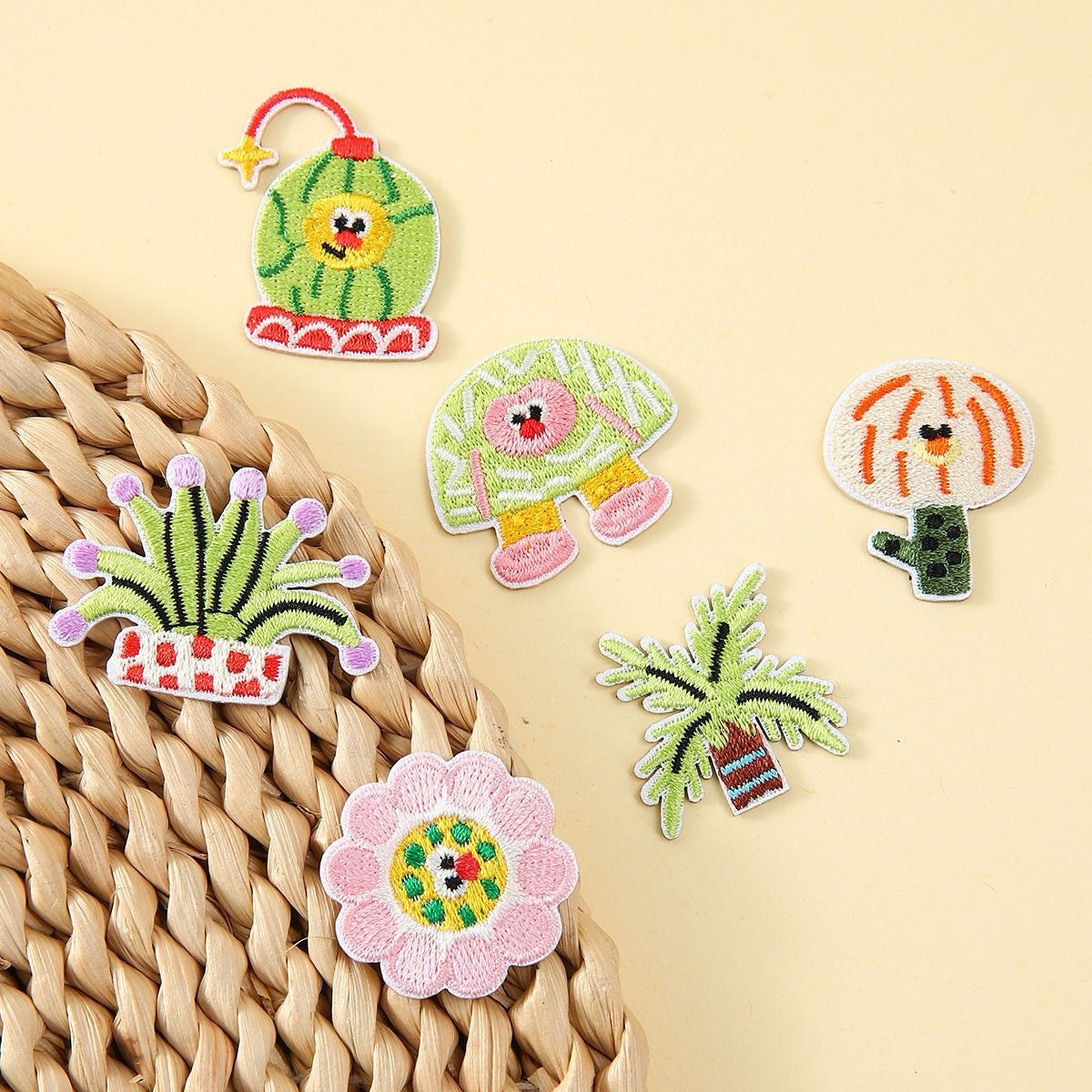 set of six abstract groovy plant and flower embroidered stick-on patches
