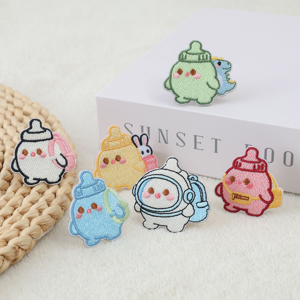 6-piece kawaii chubby baby bottle elf embroidered stick-on patches full collection display