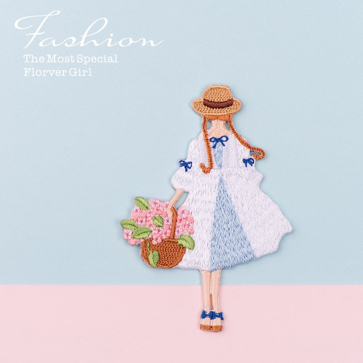 Flower Basket Girl Patches (Iron-On)