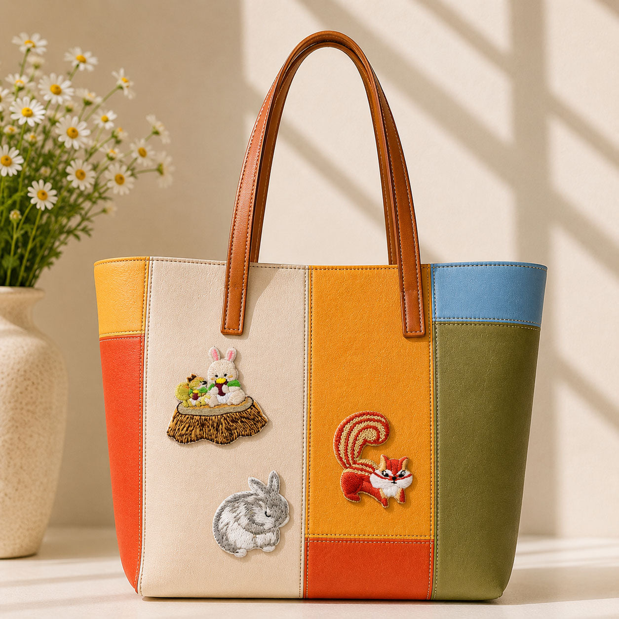 bunny and duck at mushroom table lop rabbit and squirrel stick-on patches decorating a multicolor stripe leather handbag