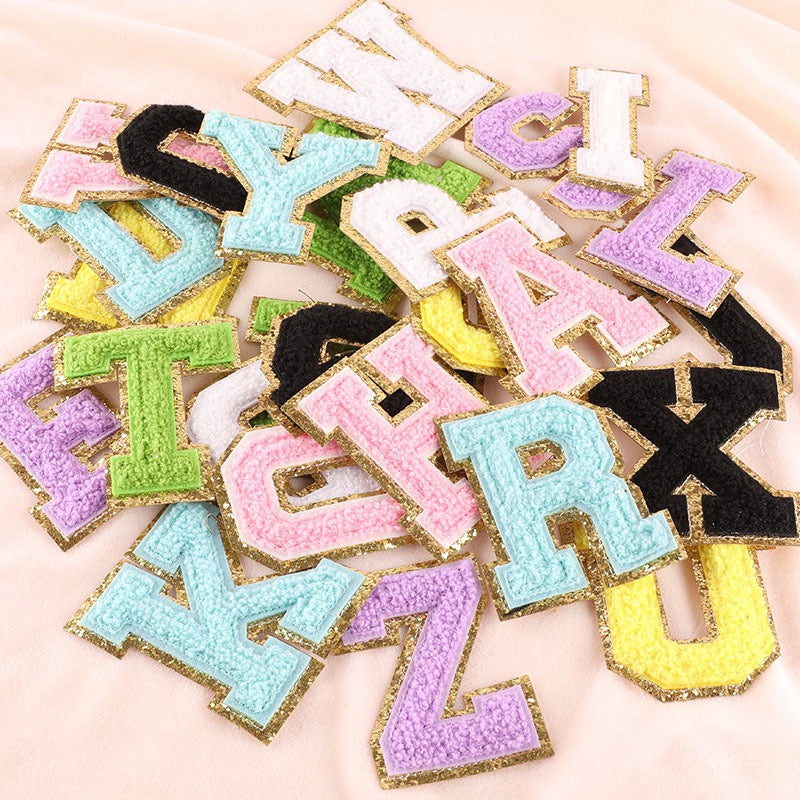 6-Color Suede Gold Trim Alphabet Patches (Iron-On)