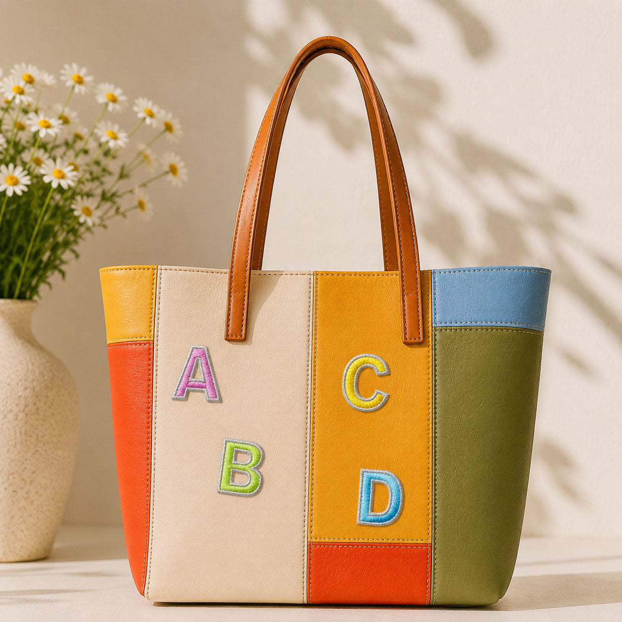 minimalist alphabet patches A B C D on a bold orange yellow and green color-block leather tote bag