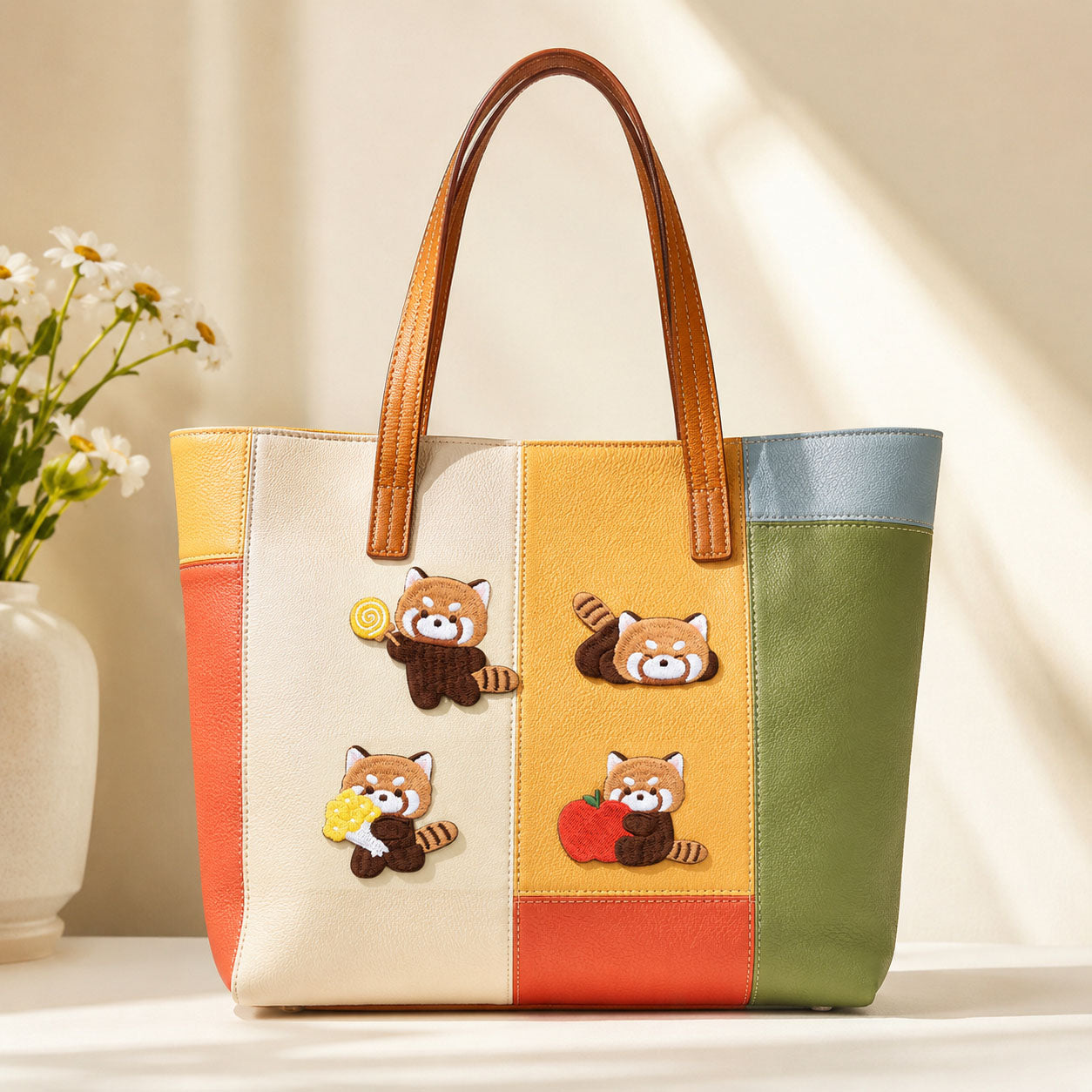 red panda holding lollipop apple and corn stick-on patches decorating a multicolor stripe leather handbag