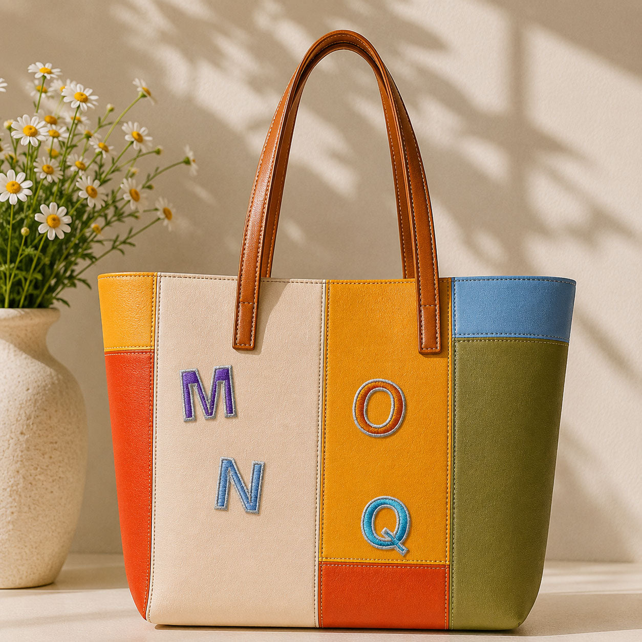 colorful embroidered letter patches M N O Q stick-on patches decorating a multicolor stripe leather handbag