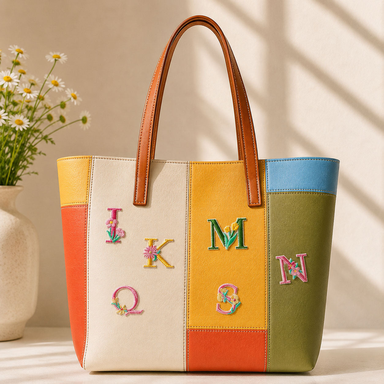 flower and alphabet patches J K Q M S N on a bold orange yellow and green color-block leather tote bag