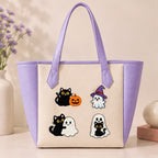 cute Halloween ghost and black cat embroidered stick-on patch on canvas tote bag