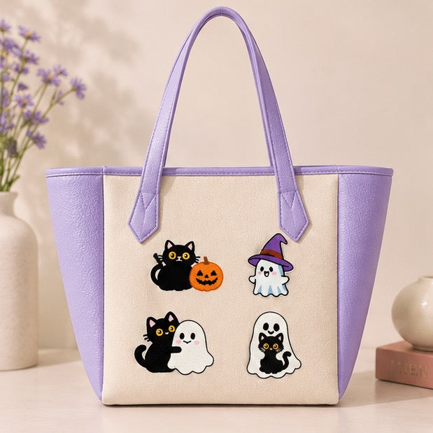 cute Halloween ghost and black cat embroidered stick-on patch on canvas tote bag