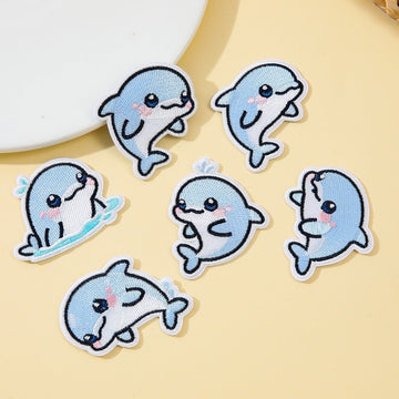 set of six kawaii dolphin embroidered stick-on patches