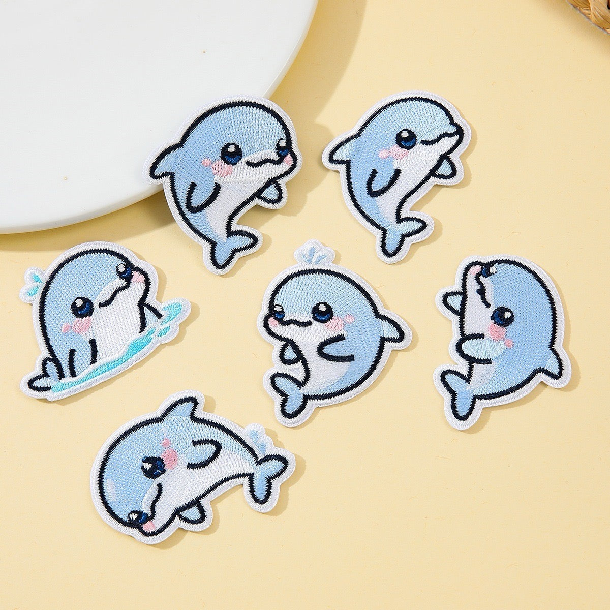 set of six kawaii dolphin embroidered stick-on patches