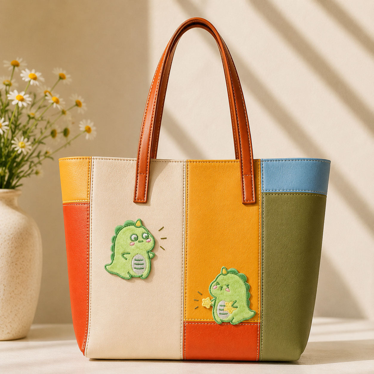fluffy green dinosaur surprised and holding a star stick-on patches decorating a multicolor stripe leather handbag