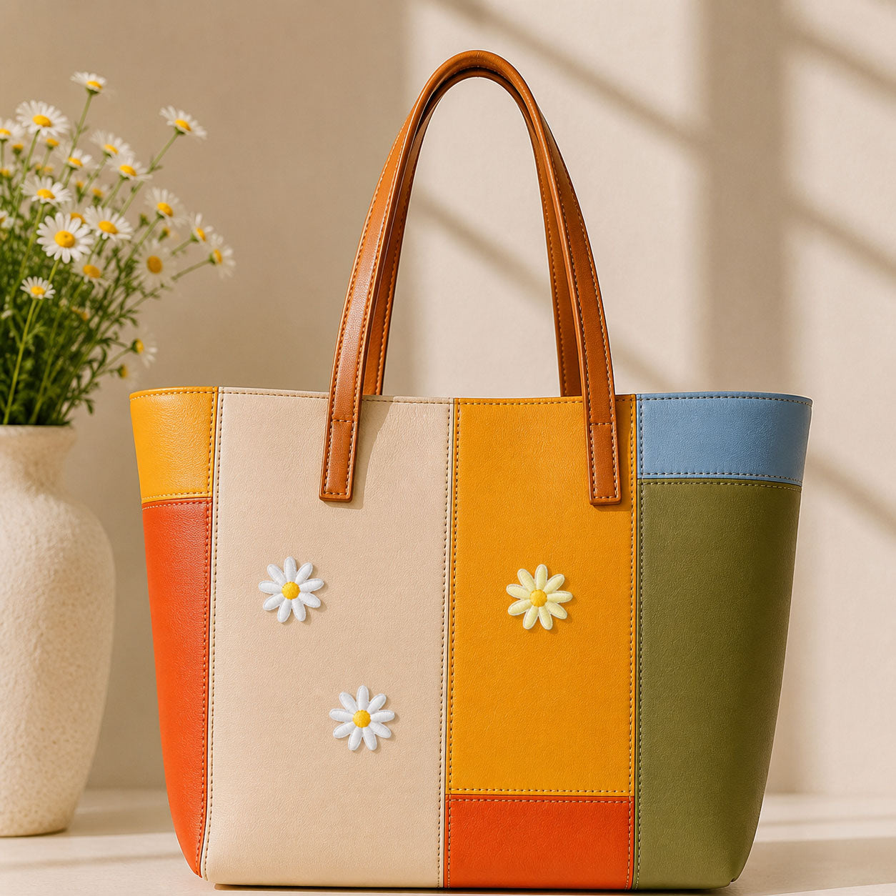 white daisy with yellow center embroidered stick-on patches scattered on a multicolor stripe leather handbag
