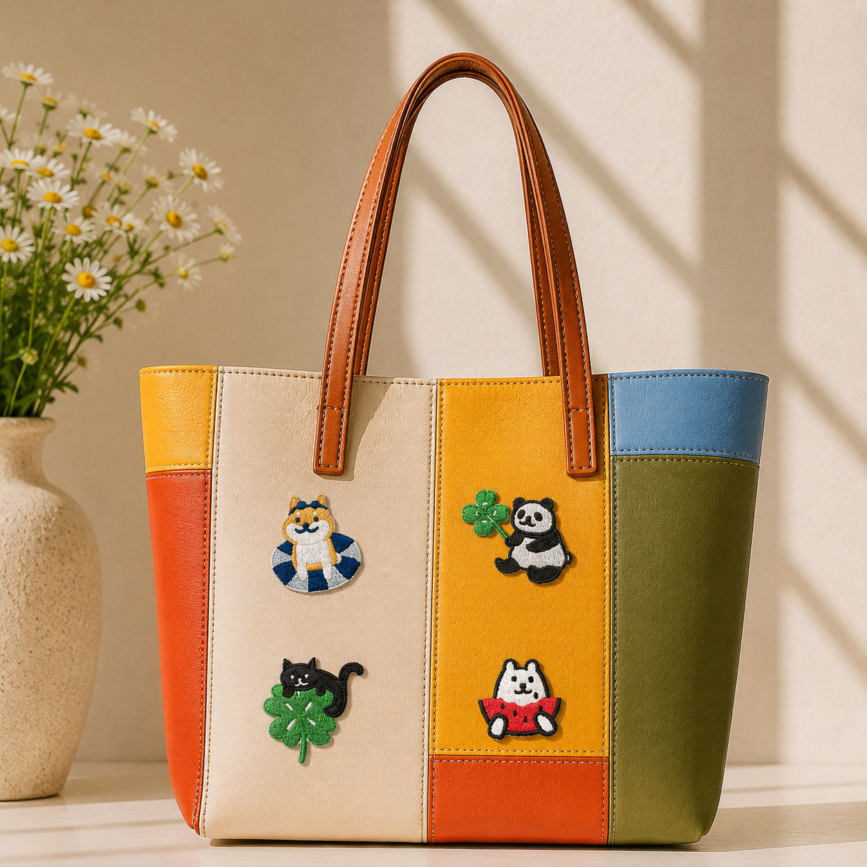 shiba inu black cat panda and dog with swim ring clover and watermelon stick-on patches decorating a multicolor stripe leather handbag