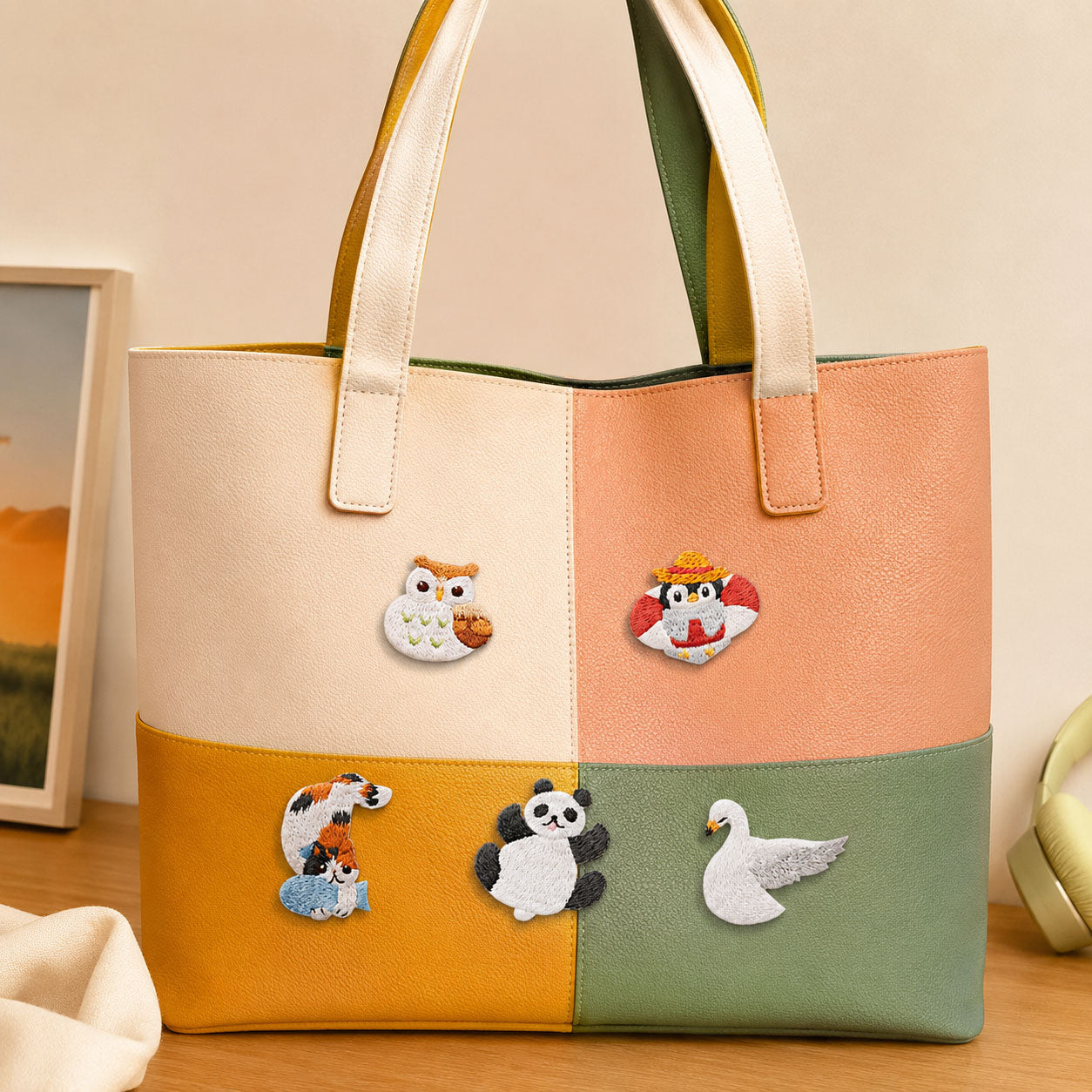 owl penguin cat panda and swan chubby stick-on patches on a pastel tricolor stripe leather handbag with dual handles