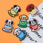 teacup dogs and cats embroidered stick-on patches collection — 18 designs with puppies and cat in patterned cups