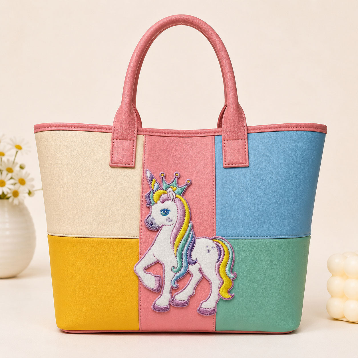 rainbow mane unicorn with crown embroidered patch on a pastel color-block leather tote bag