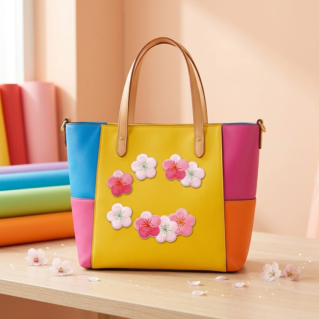 oriental plum blossom embroidered stick-on patches on a yellow pink and blue color-block tote bag
