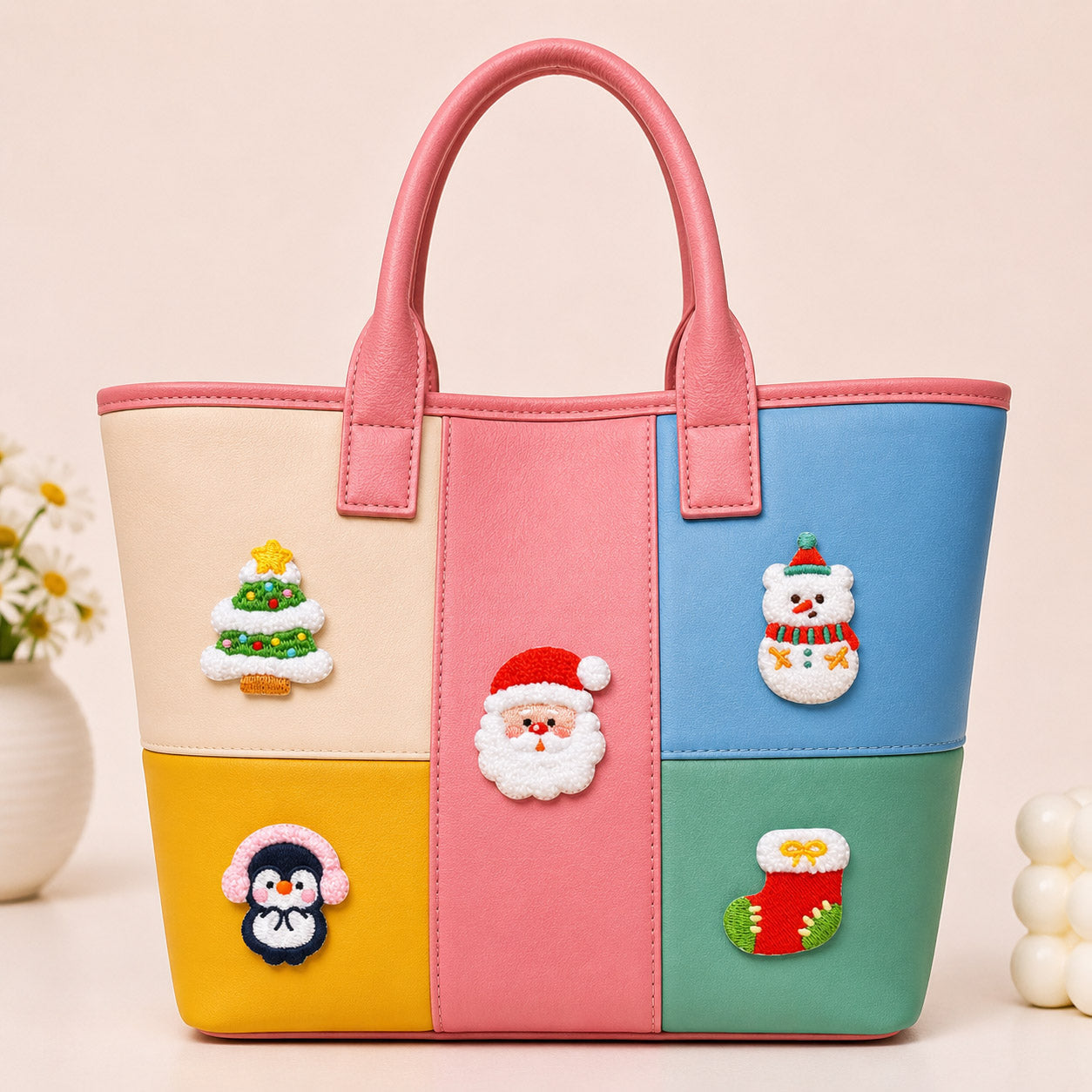 christmas chenille stick-on patch on tote bag