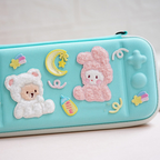 fluffy bouclé teddy rabbit embroidered patch on Nintendo Switch carrying case