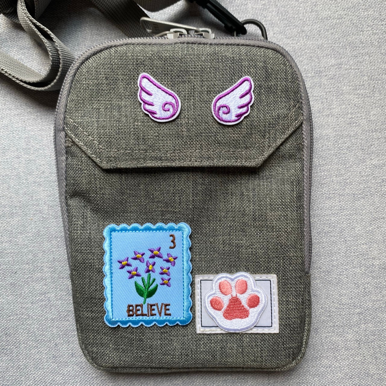 floral postage stamp embroidered patches on bag