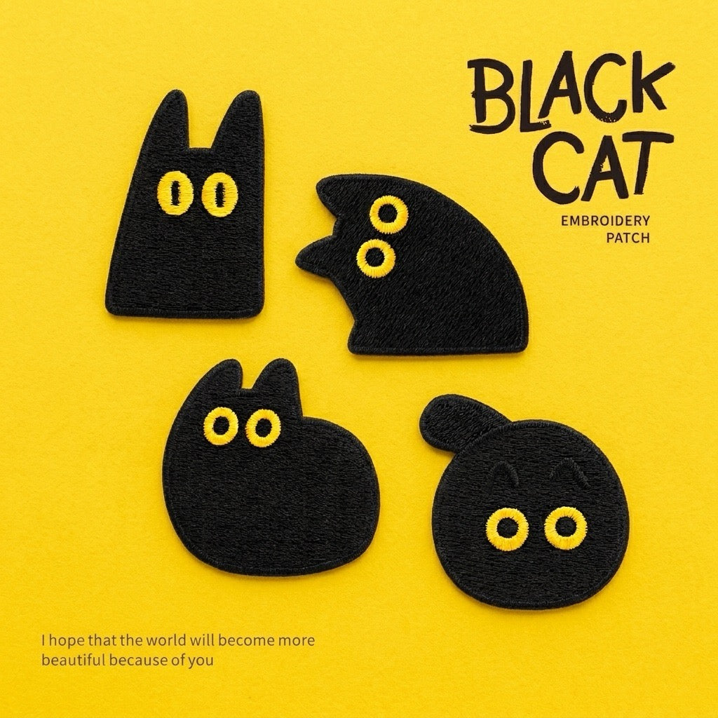 set of 4 void cat aesthetic black cat embroidered stick-on patches