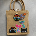 black cat in rainbow window embroidered stick-on patch on a jute tote bag