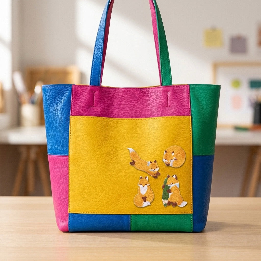 kawaii fox embroidered stick-on patch on tote bag