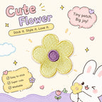 pastel macaron flower embroidered stick-on patch — matcha green with purple center, kawaii illustration style