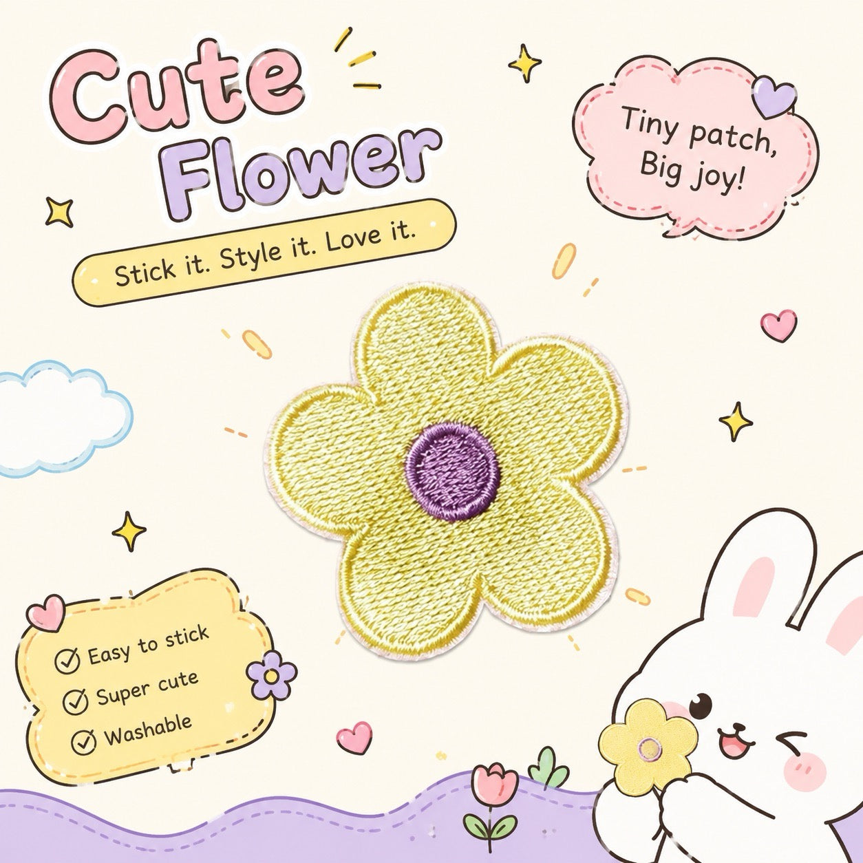 pastel macaron flower embroidered stick-on patch — matcha green with purple center, kawaii illustration style