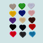 mini heart embroidered stick-on patches set of 15 colors — grey green white yellow navy pink purple beige black red dark grey and sky blue on mint background