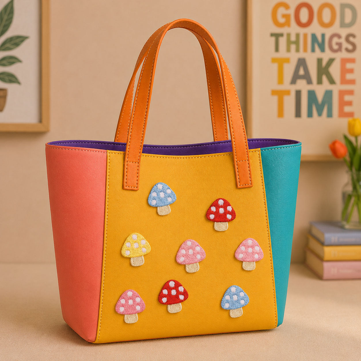 colorful polka dot mushroom stick-on patches in multiple sizes decorating an orange and yellow color-block leather handbag