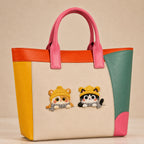 two cozy winter kitten embroidered patches on a bold color-block leather tote bag