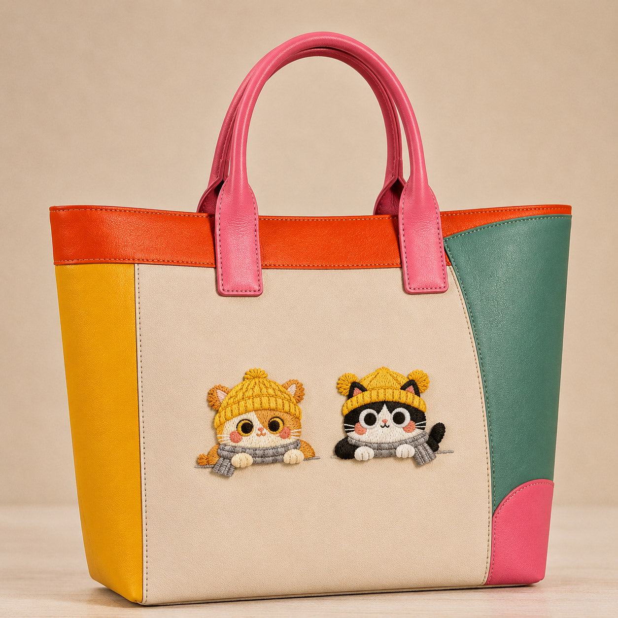 two cozy winter kitten embroidered patches on a bold color-block leather tote bag