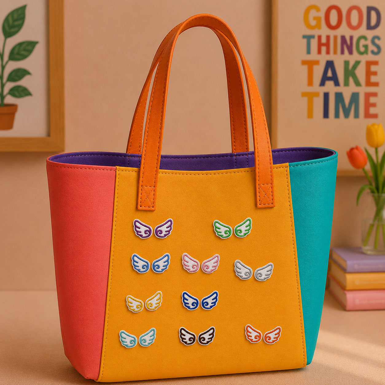 colorful mini angel wing stick-on patches decorating an orange and yellow color-block leather handbag