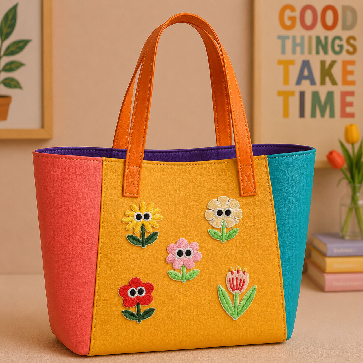 sunflower daisy and tulip with cartoon eyes stick-on patches decorating an orange and yellow color-block leather handbag