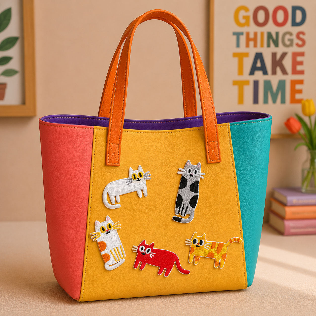 quirky cartoon cat in various poses stick-on patches decorating an orange and yellow color-block leather handbag