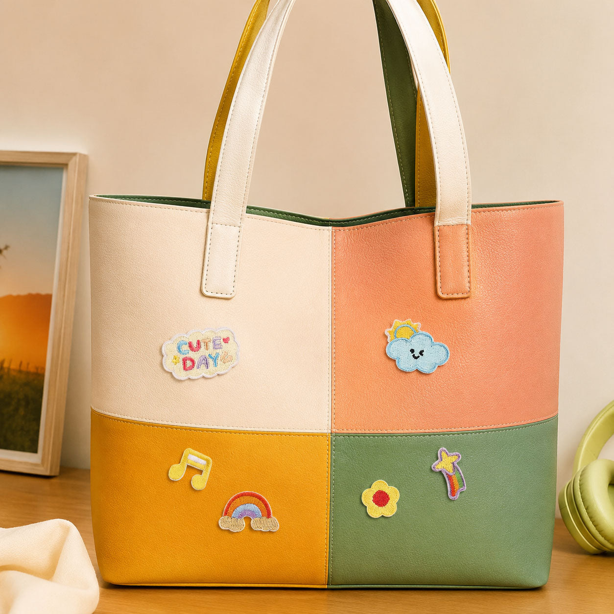 cute summer embroidered patches with cute day cloud sun rainbow music notes and flower on a colorblock tote bag in cream pink yellow and green