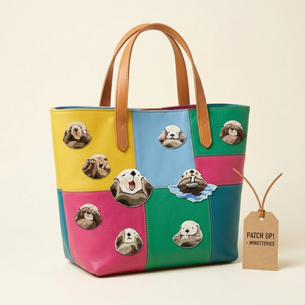 eight sea otter face patches with see no evil hear no evil laughing and floating poses on a bold multicolor tote