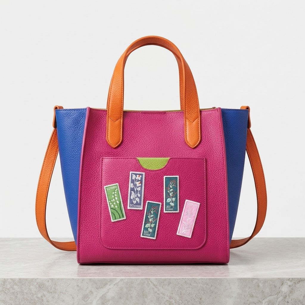 retro flower stamp embroidered patches scattered on the front pocket of a hot pink color-block leather bag