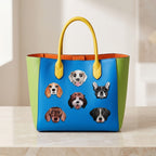 six dog breed embroidered patches on a color-block leather tote bag