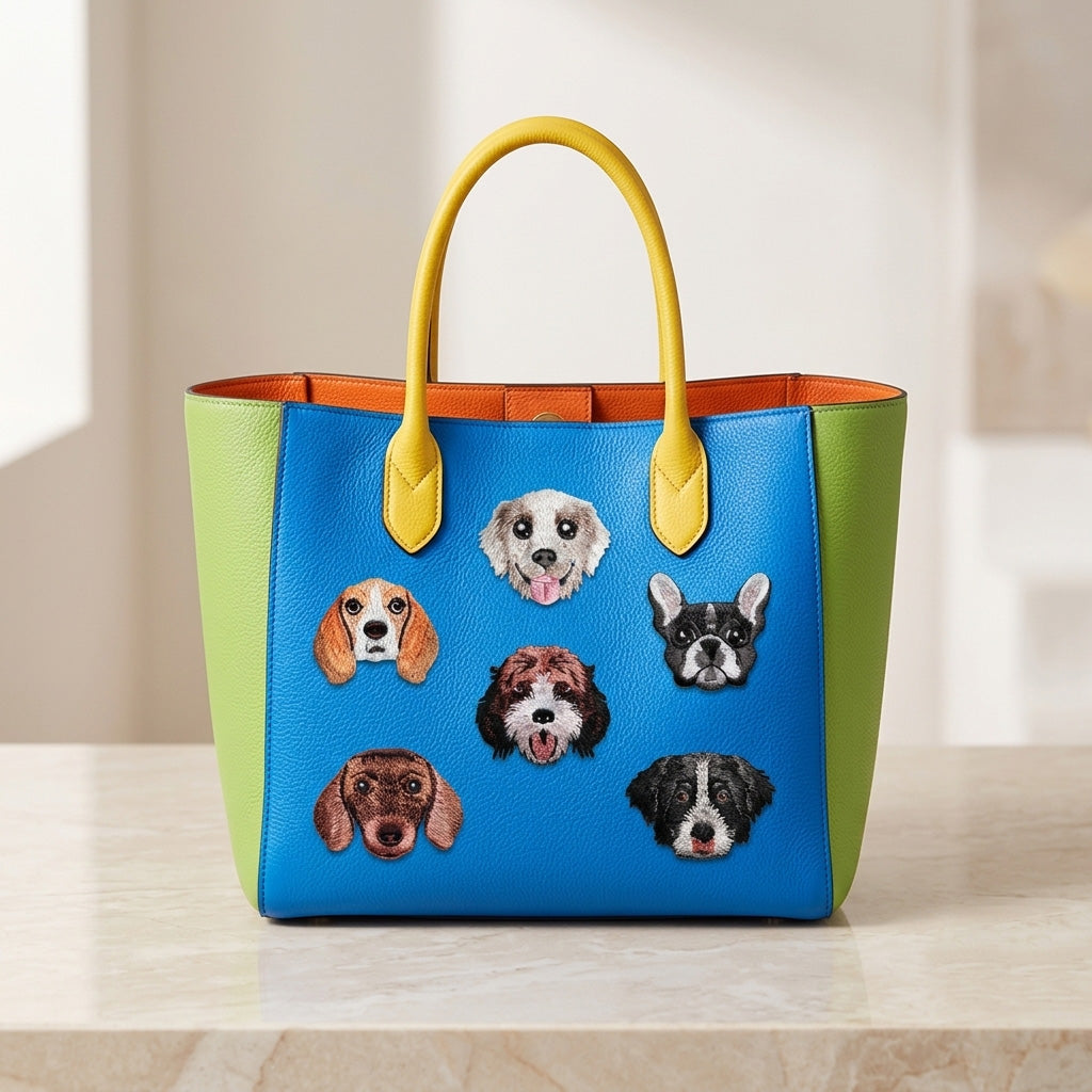 six dog breed embroidered patches on a color-block leather tote bag