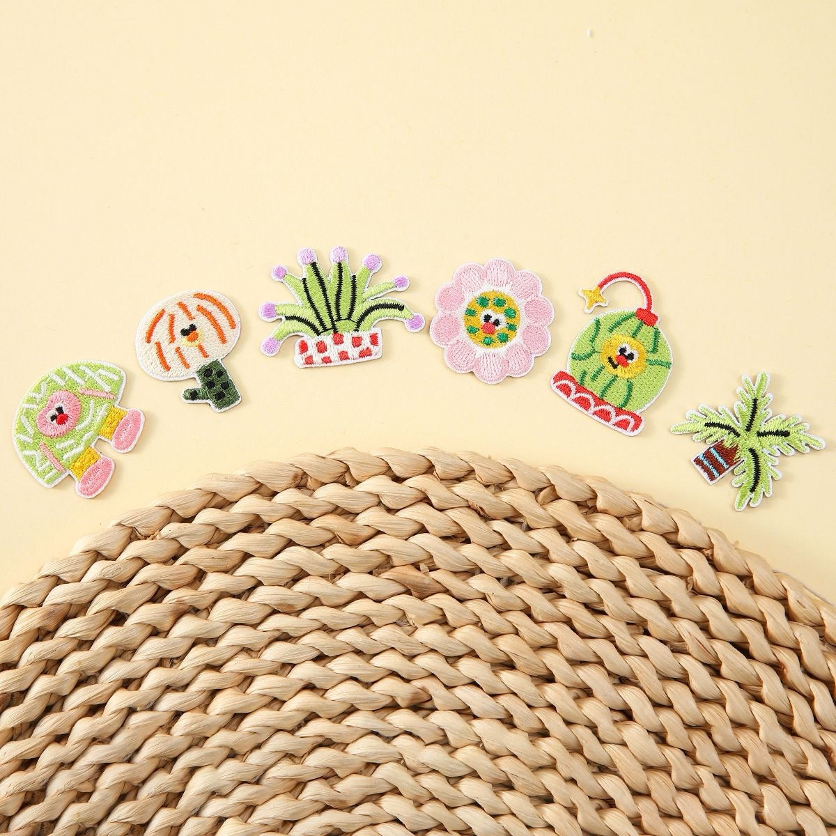 abstract groovy plant and flower embroidered stick-on patches full set flat lay