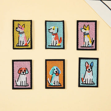 full set of 6 retro pop art colorful dog stick-on embroidered patches