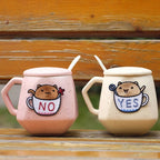 no white and yes blue teacup cat embroidered patches on two mugs