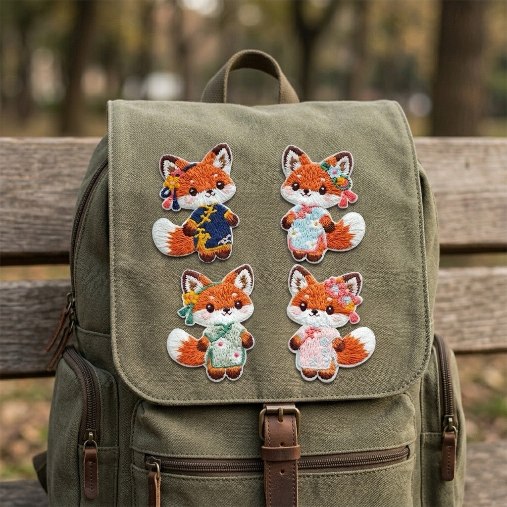kawaii chinoiserie fox embroidered patches on backpack