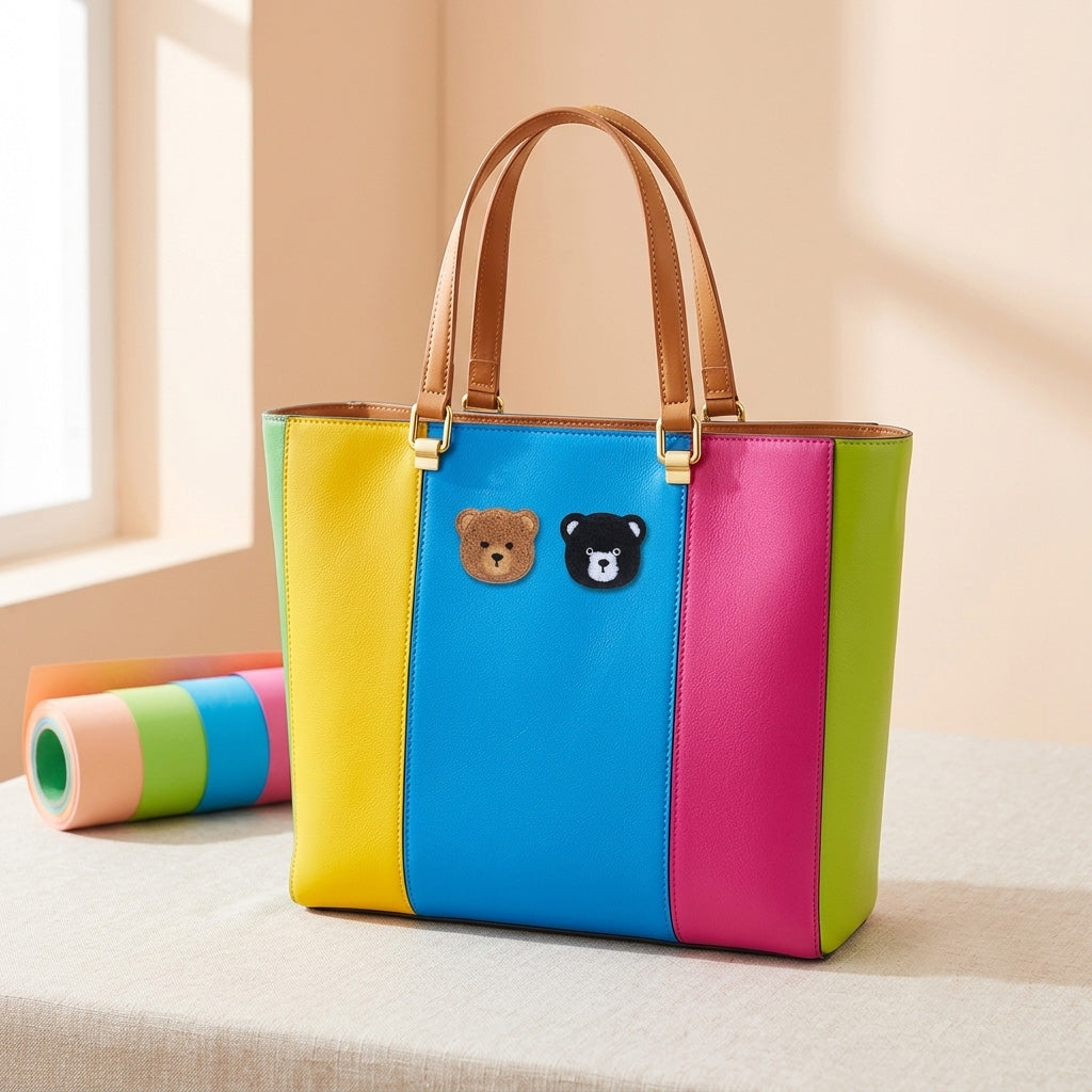 fluffy chenille teddy bear embroidered stick-on patch on tote bag