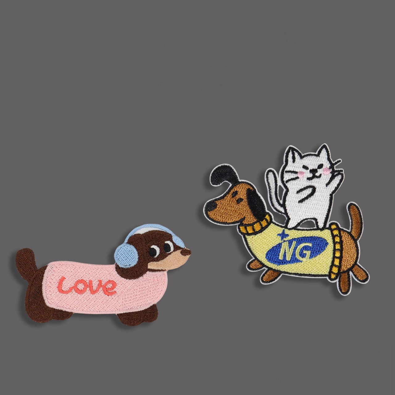 two love and cat dachshund embroidered stick-on patches complete set