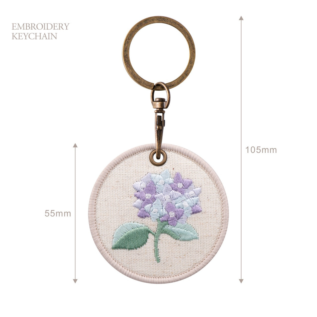 botanical floral embroidered keychain charm size reference — 55mm charm diameter 105mm total length