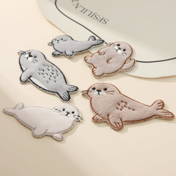 set of five fluffy harp seal kawaii embroidered stick-on patches