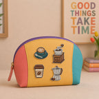 latte cup coffee grinder and moka pot stick-on patches decorating a pastel color-block leather makeup bag