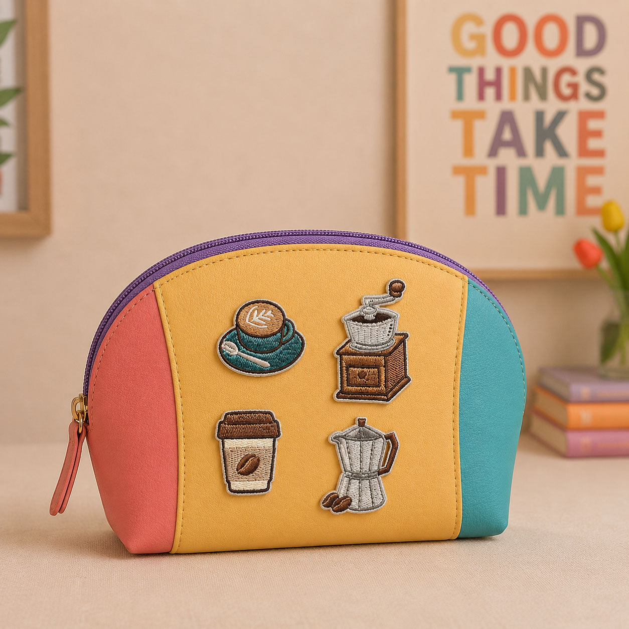 latte cup coffee grinder and moka pot stick-on patches decorating a pastel color-block leather makeup bag